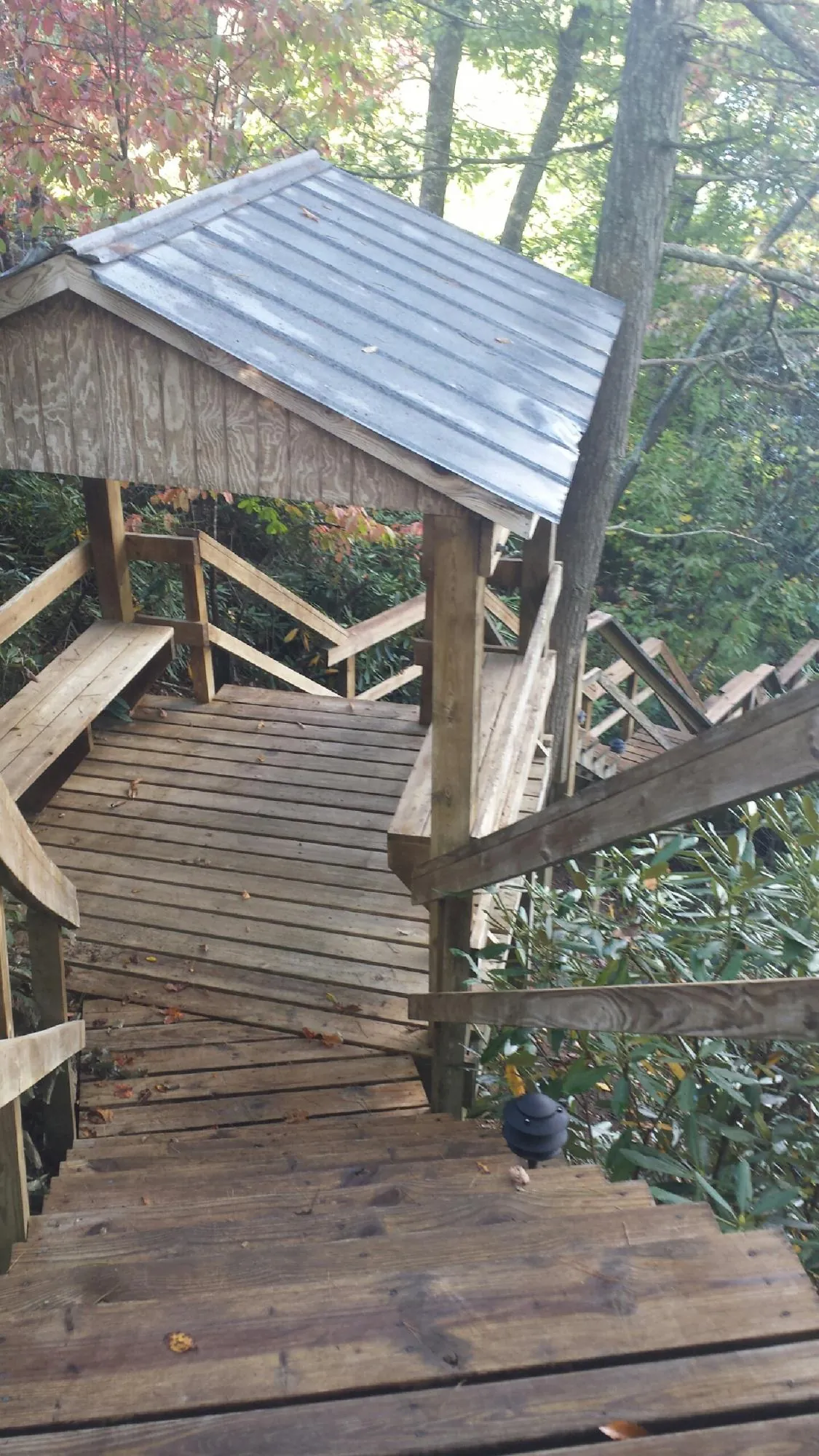 Metal roofed shelter over wooden steps on a wooded walkway — Skylight Repair & Installation work by our crew in Hatton